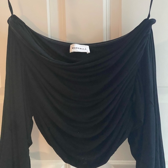 MARCELLA NYC Alana Top {$98} Black Straight Square Neck Off Shoulder Draped Lrg - Picture 4 of 10